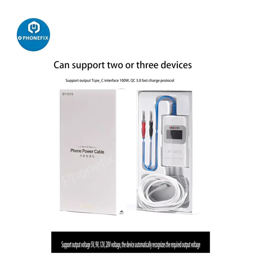 PHONEFIX BY-007S multi-function charging detection cable for Apple MacBook, showing the cable and connector ports.