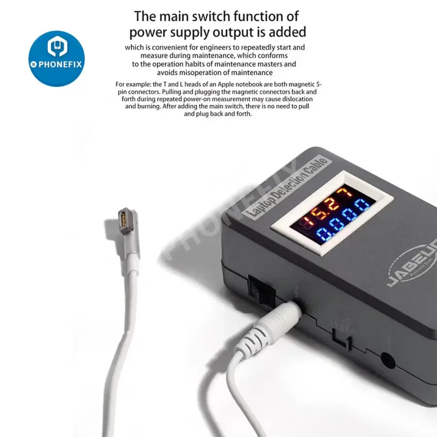 JABE UD-1700 laptop detection cable for MacBook repair, PHONEFIX power cable and charger, close-up of cable connection.