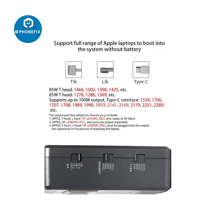 JABE UD-1700 laptop detection cable for MacBook repair, PHONEFIX power cable, compatible with MacBook models, used for diagnostics.