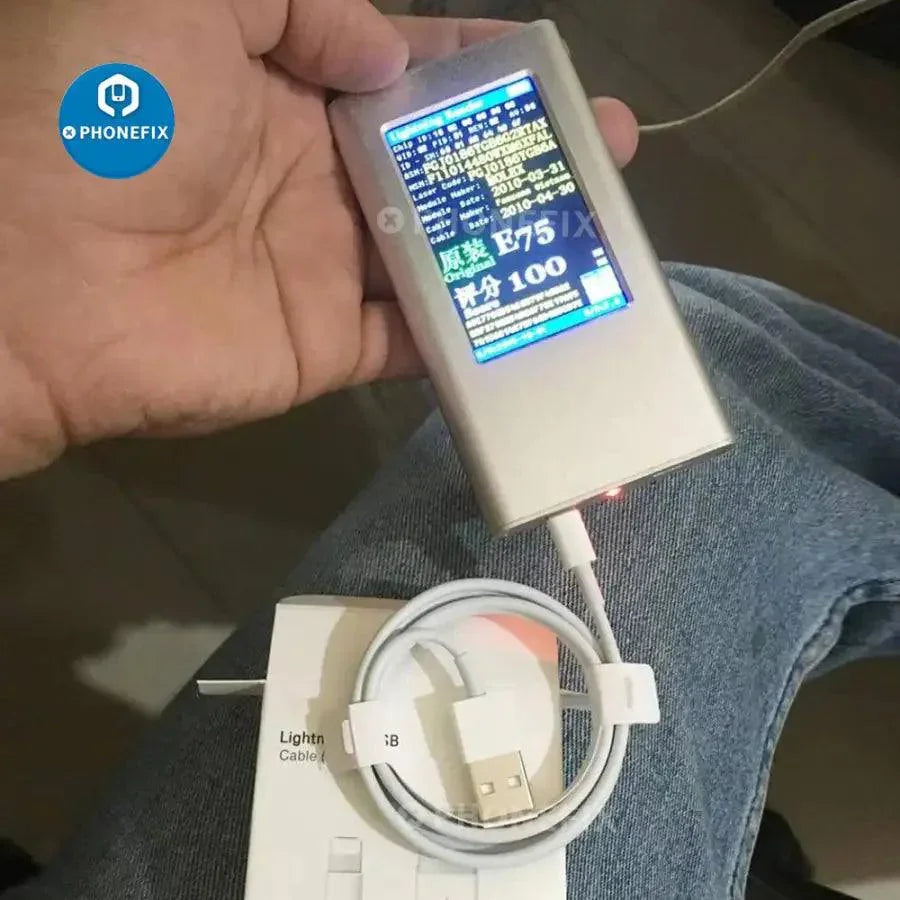 MFi certified fast charging Lightning cable for iPhone, iPad, and iPod by PHONEFIX, shown connected to Apple device.