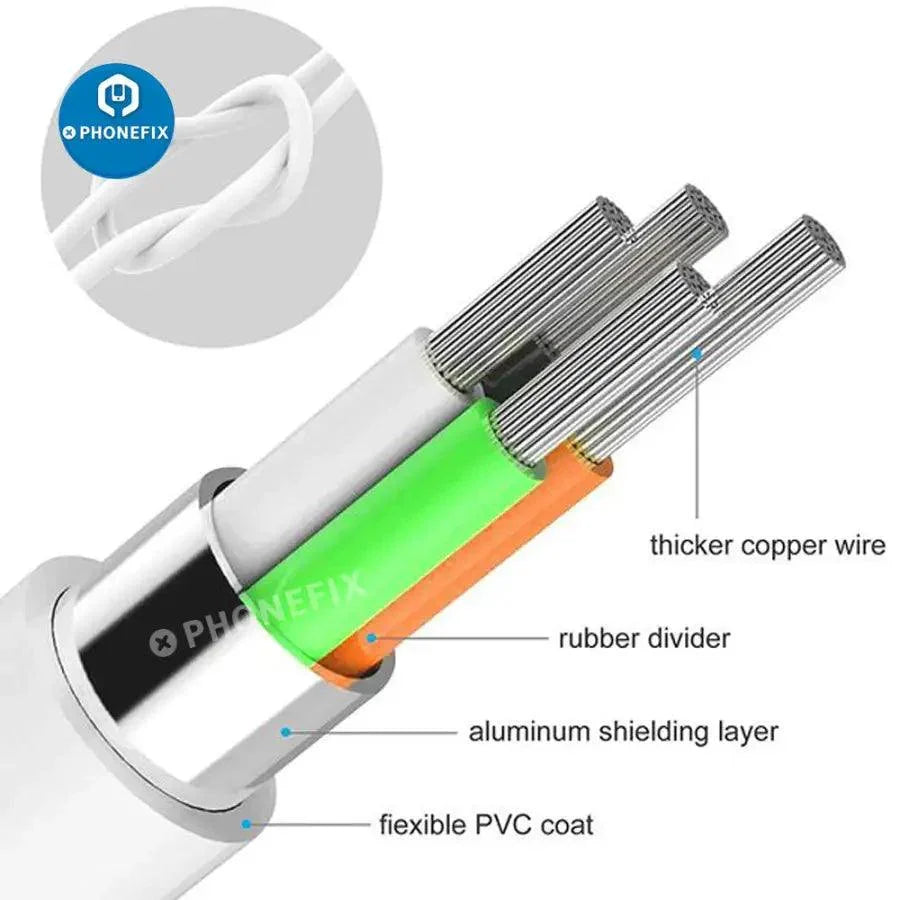 MFi-certified fast charging Lightning cable for iPhone, iPad, and iPod by PHONEFIX, showing the cable connected to devices.
