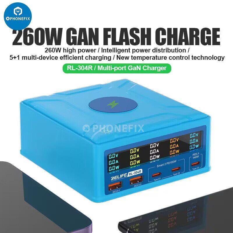 RELIFE RL-304R 260W multi-port charger by PHONEFIX with wireless fast charging capability and multiple power outlets.