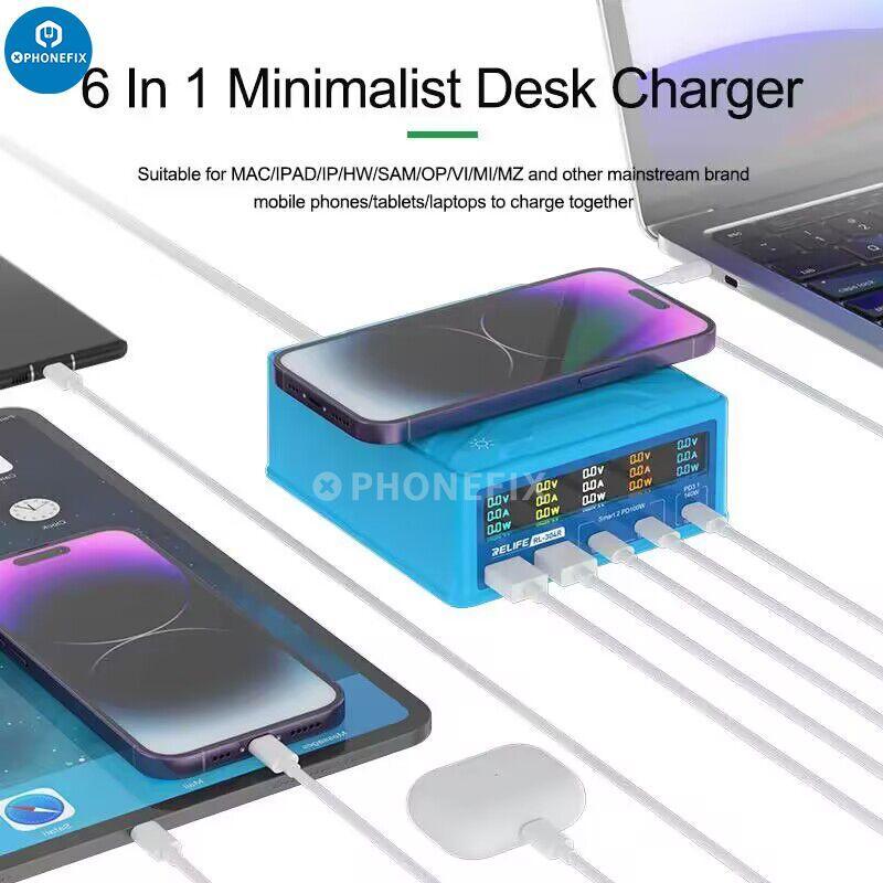 RELIFE RL-304R 260W multi-port charger with wireless fast charging and power cables, branded PHONEFIX, in a sleek design.