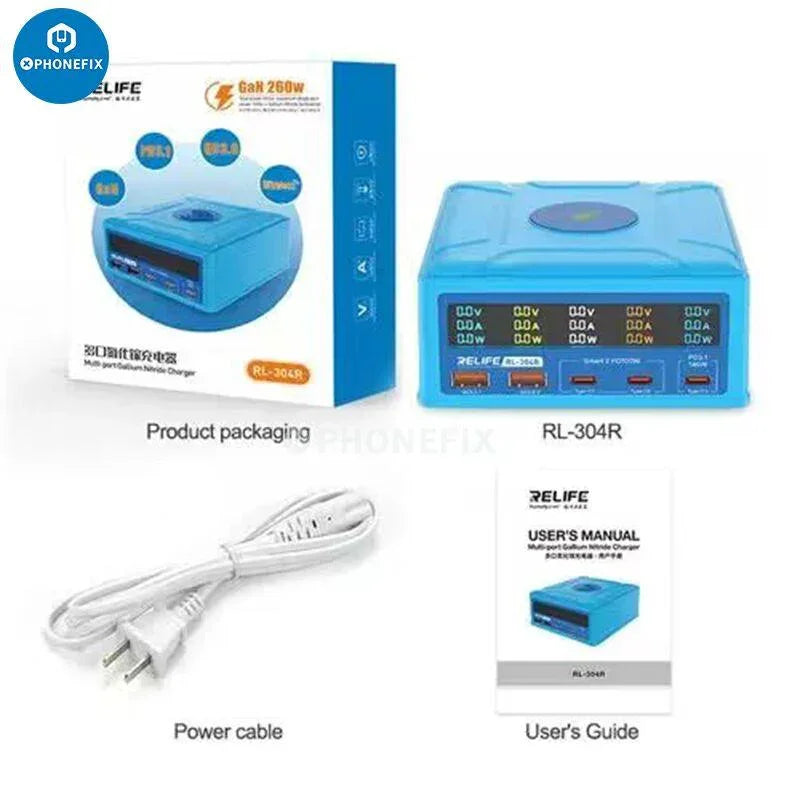 RELIFE RL-304R 260W multi-port charger by PHONEFIX with wireless fast charging, multiple USB ports, and sleek design.