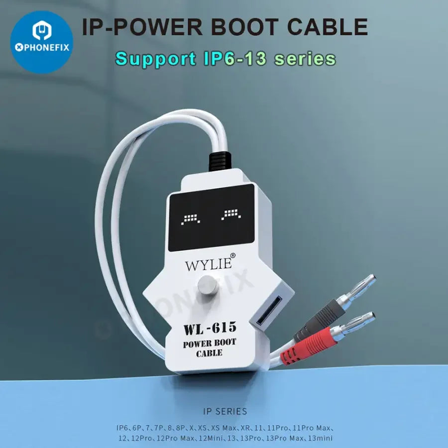 WYLIE WL-615 Power Boot Cable by PHONEFIX for iPhone 6 to iPhone 13 Pro Max, shown connected to a smartphone.