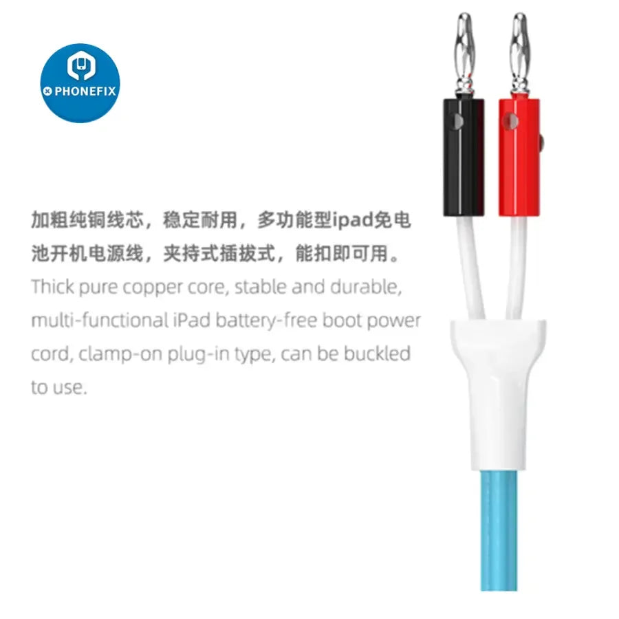 PhoneFix Wylie WL-648 power supply cable repair tool for iPad Mini and Air, used for battery-free boot repairs and charging.