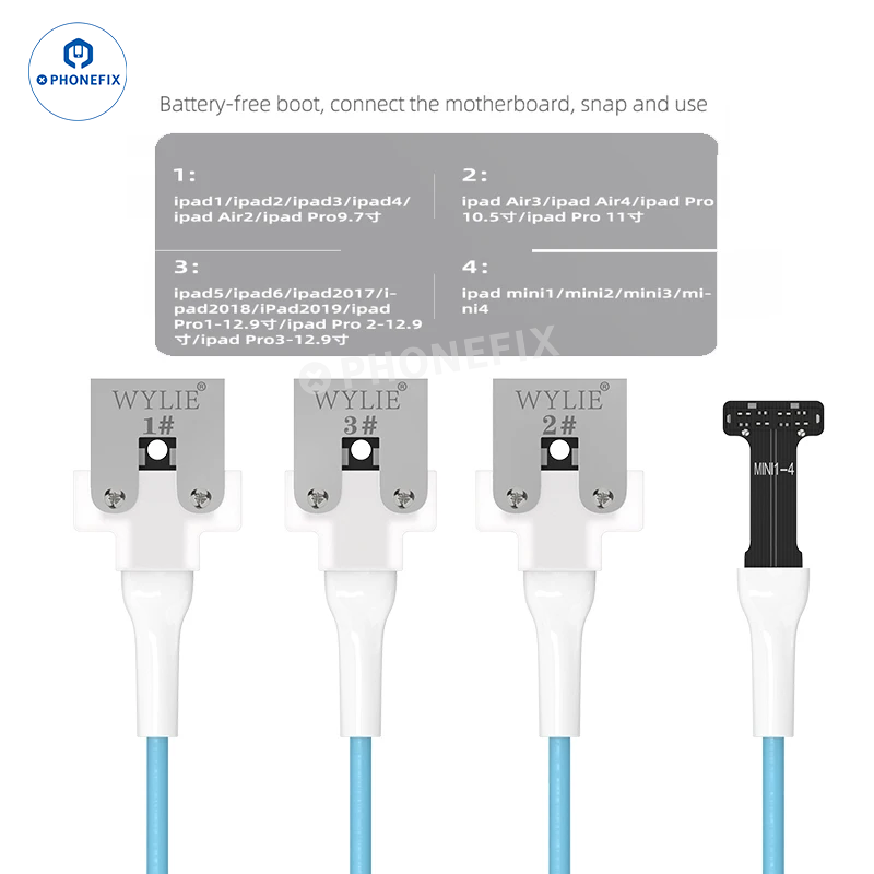 Phonefix MECHANIC PAD4 power supply cable for iPad and iPad Pro models, shown with connector tips for charging and data transfer.