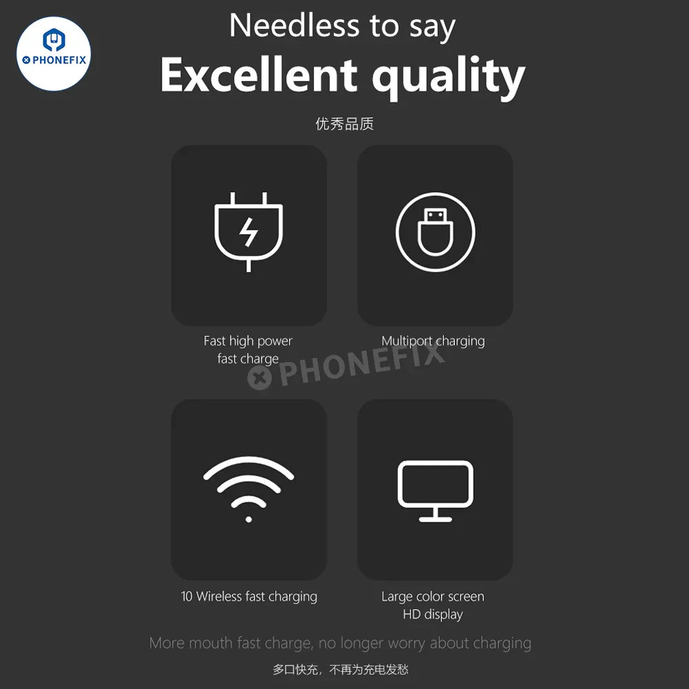 PHONEFIX MaAnt DianBa No.2 digital PD fast charger with 13 ports and wireless charging, shown with multiple power cables and charging ports.