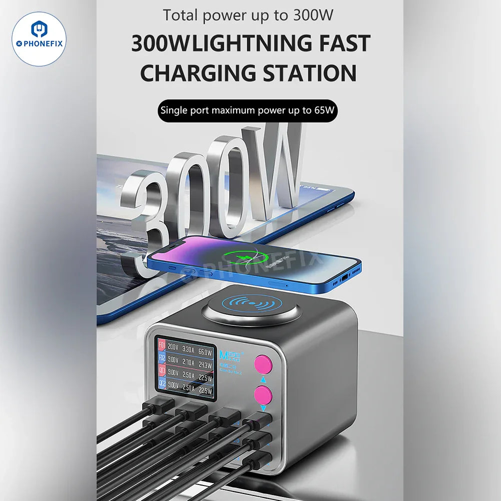 PHONEFIX MaAnt DianBa No.2 digital PD fast charger with 13 ports and wireless charging, shown with multiple power cables and charging ports.