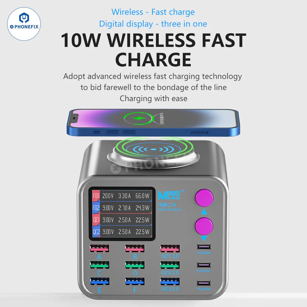 PHONEFIX MaAnt DianBa No.2 digital PD fast charger with 13 ports and wireless charging, featuring multiple power cables and charging options.