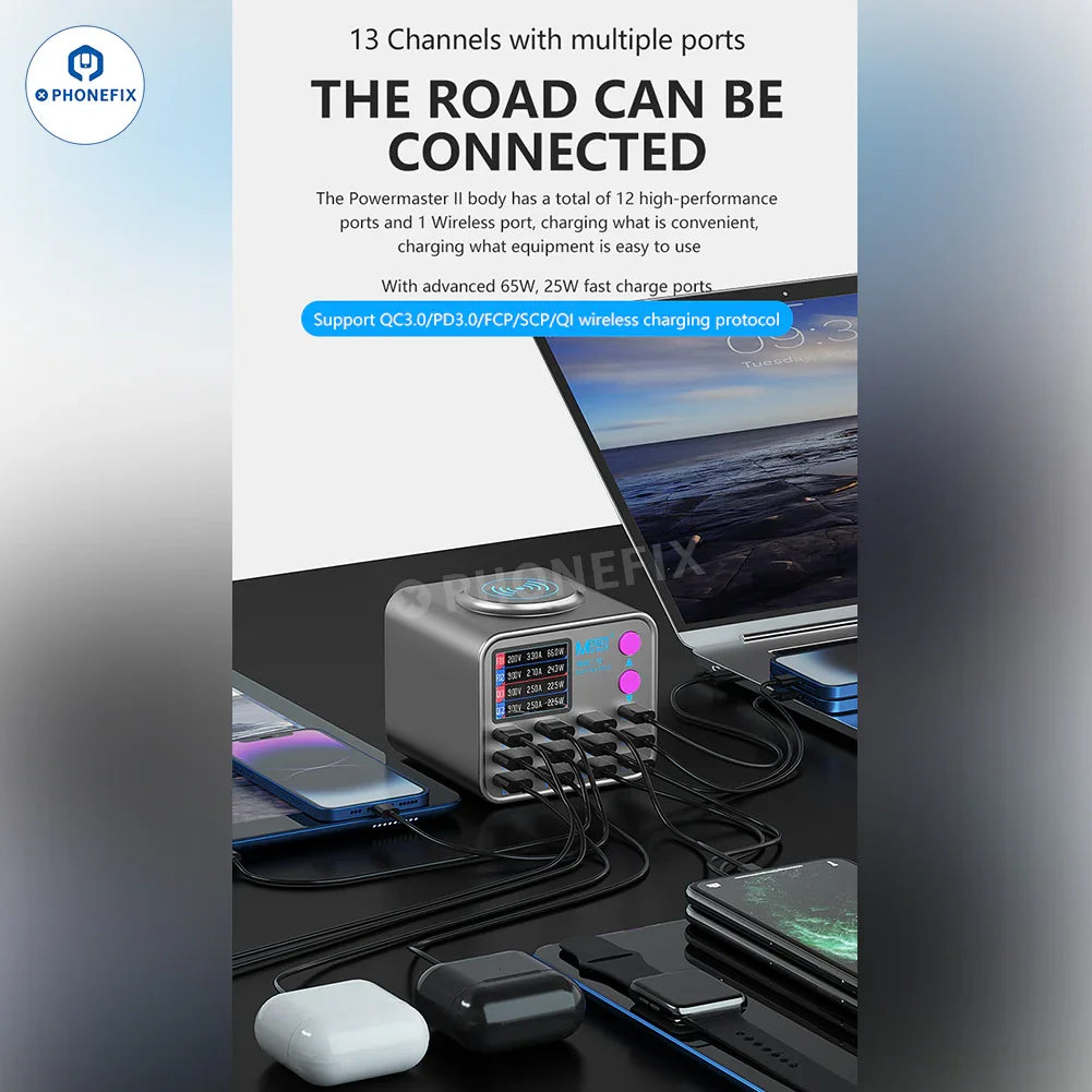 PHONEFIX MaAnt DianBa No.2 digital PD fast charger with 13 ports and wireless charging, shown with multiple power cables and ports.