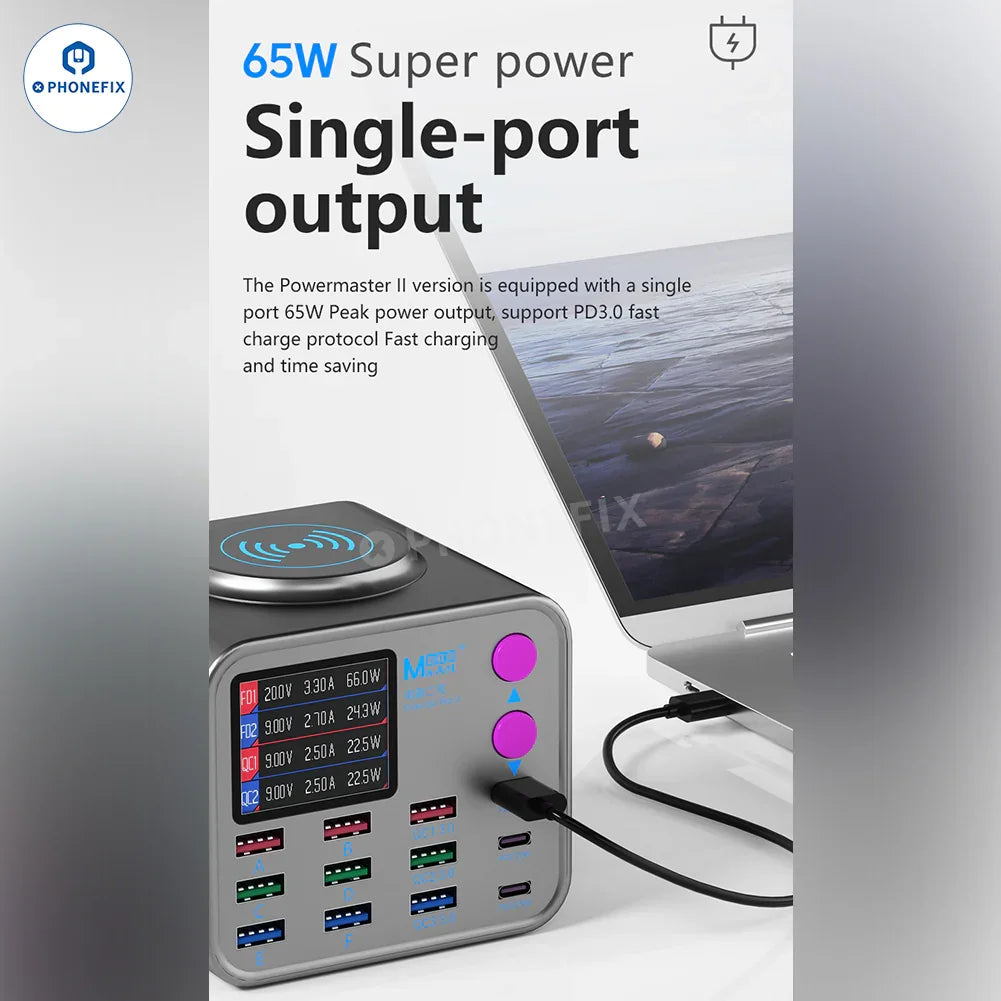 PHONEFIX MaAnt DianBa No.2 digital PD fast charger with 13 ports, wireless charging, and multiple power cables for versatile charging.