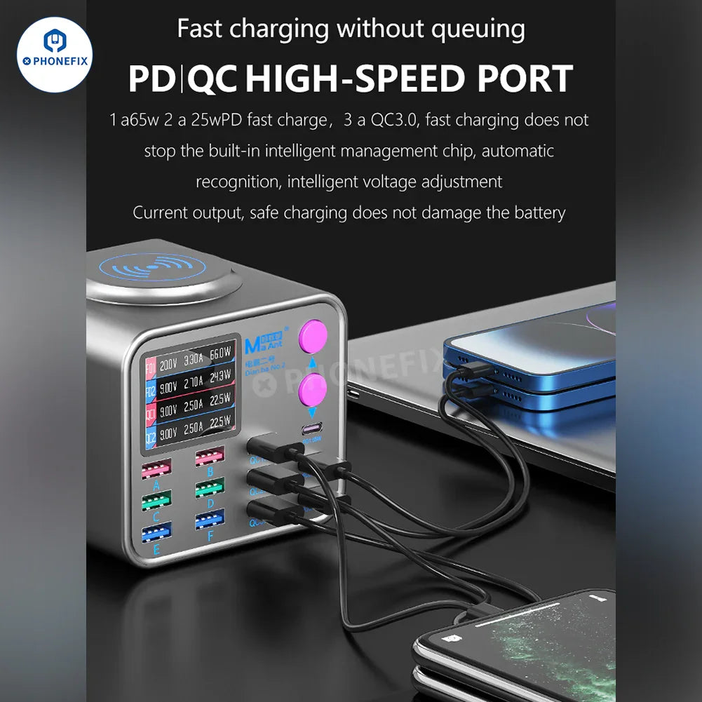 PHONEFIX MaAnt DianBa No.2 digital PD fast charger with 13 ports and wireless charging for multiple devices, power cables and chargers.