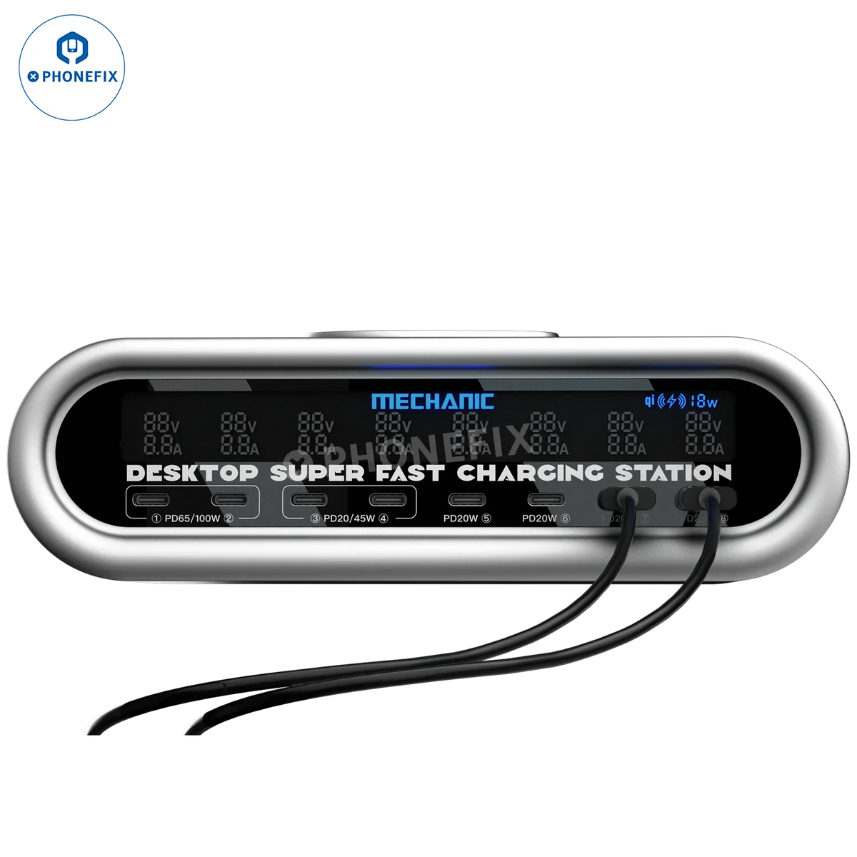 PhoneFix Mechanic E-Power charging station with superfast wireless charger and power cables, designed for efficient device charging.