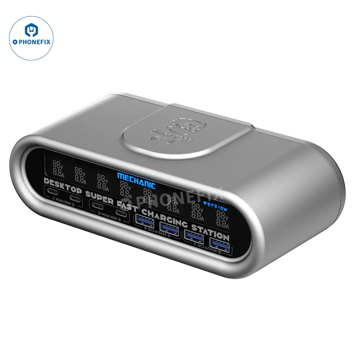 PHONEFIX Mechanic E-Power Charging Station with superfast wireless charging and power cables, sleek and modern design for convenient use.
