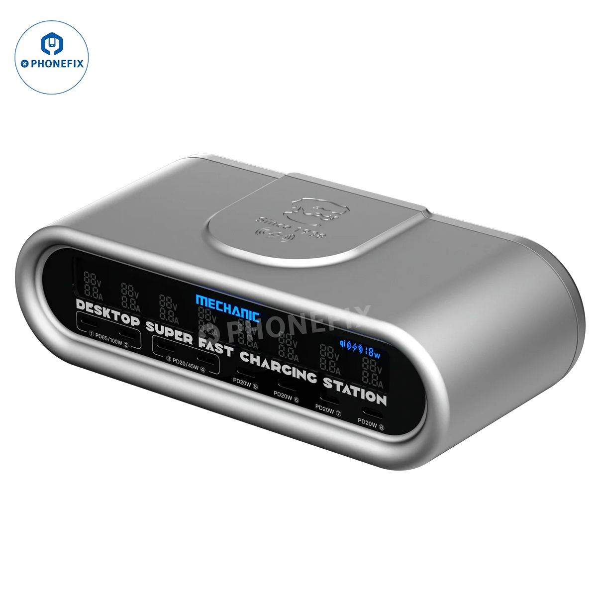 Superfast wireless charger from PHONEFIX for mechanic E-Power Charging Station, with sleek design and easy-to-use charging port.