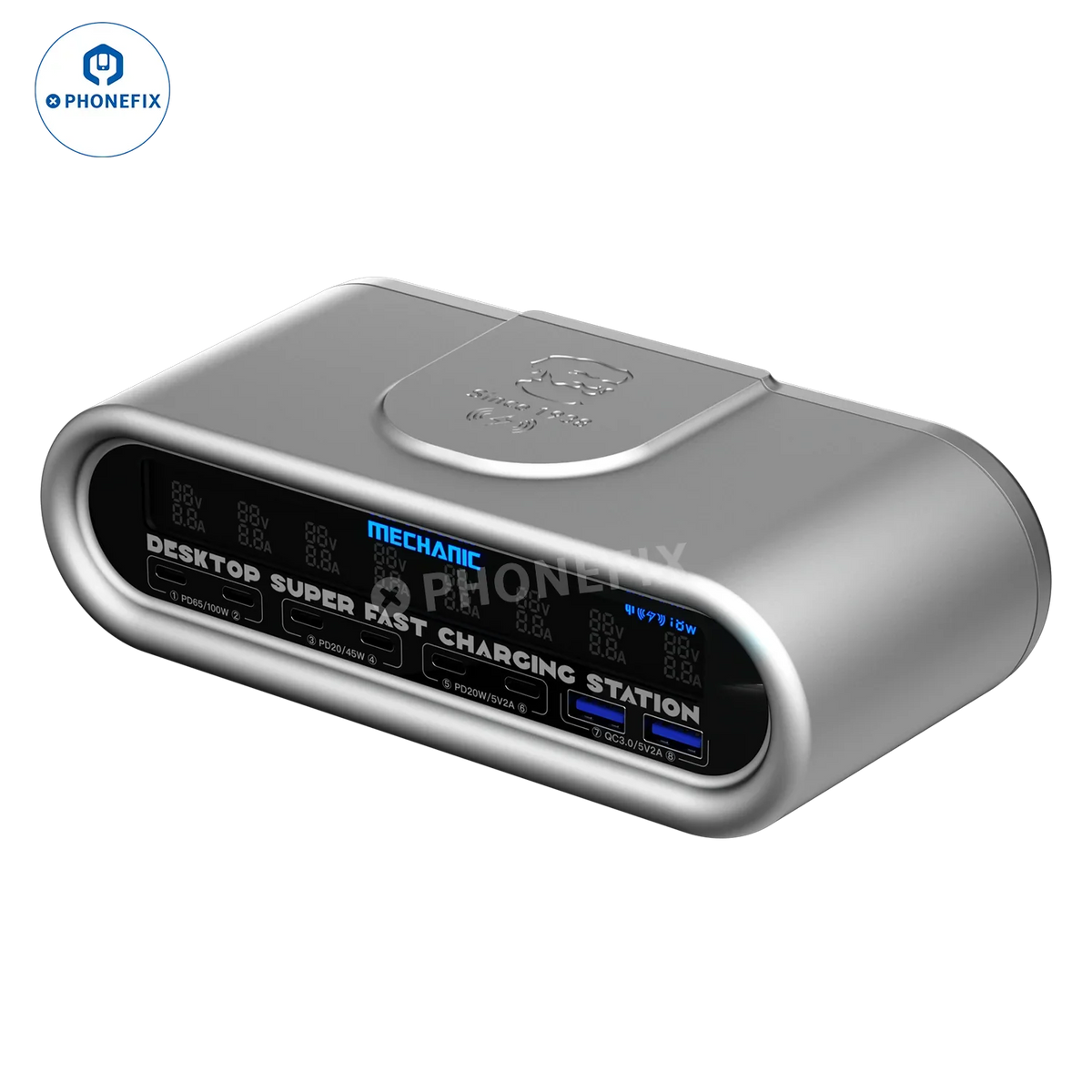 PHONEFIX E-Power Charging Station superfast wireless charger with sleek design and multiple charging ports for convenience.