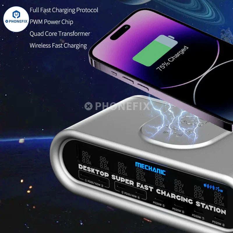 PHONEFIX E-Power Charging Station with superfast wireless charger and power cables, designed for quick, efficient device charging.