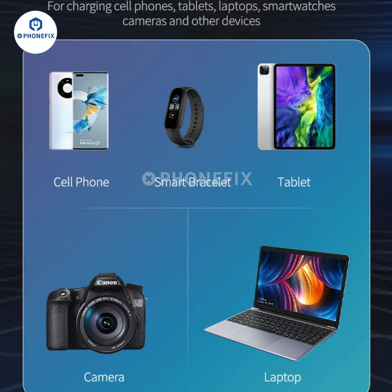 PHONEFIX E-Power wireless charging station for fast charging of compatible devices, with sleek design and multiple charging ports.
