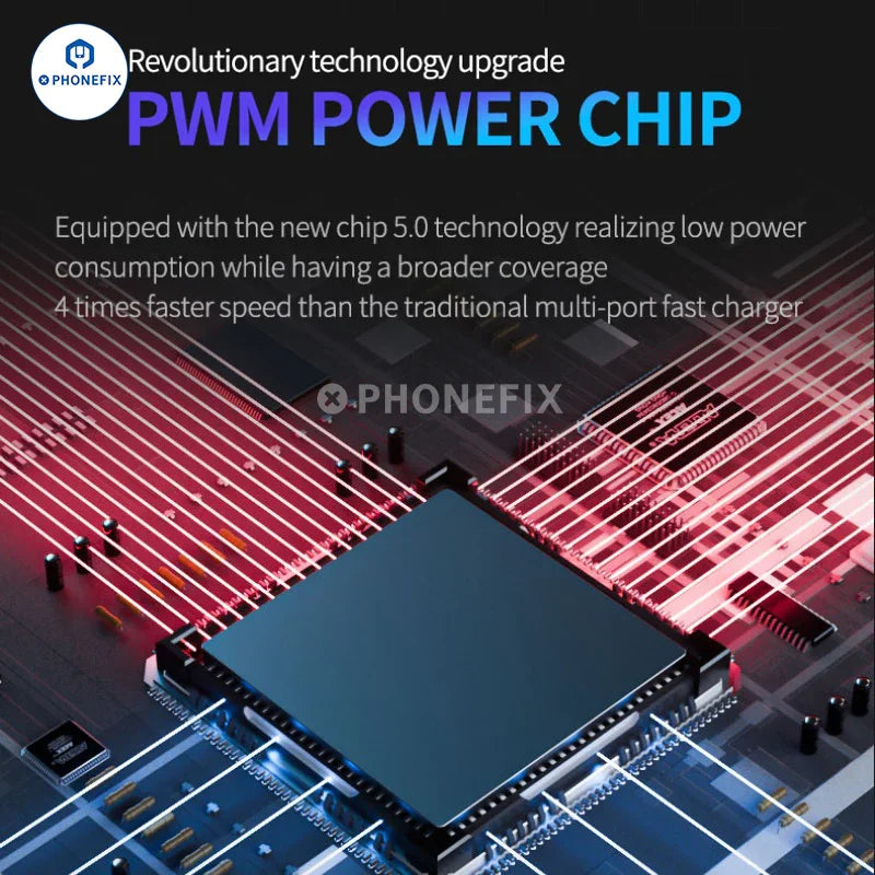 PHONEFIX E-Power charging station for wireless charging, featuring a sleek design with power cables and multiple charging ports.