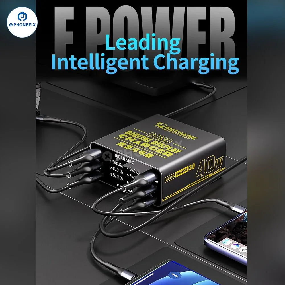 PHONEFIX MECHANIC F-POWER 6 6S 6P fast charging station with multiple USB ports for efficient device charging.