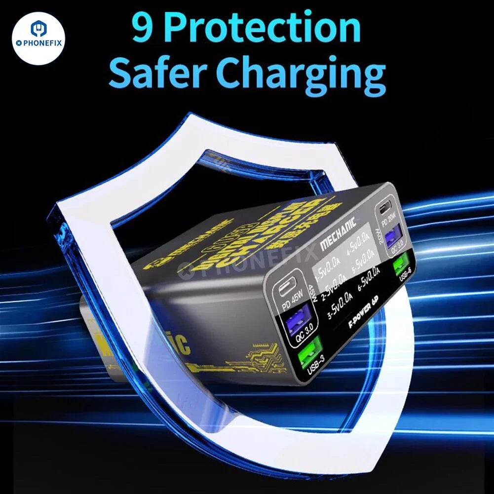 PhoneFix MECHANIC F-POWER 6 6S 6P fast charging station with multiple USB ports and US plug for quick device charging.