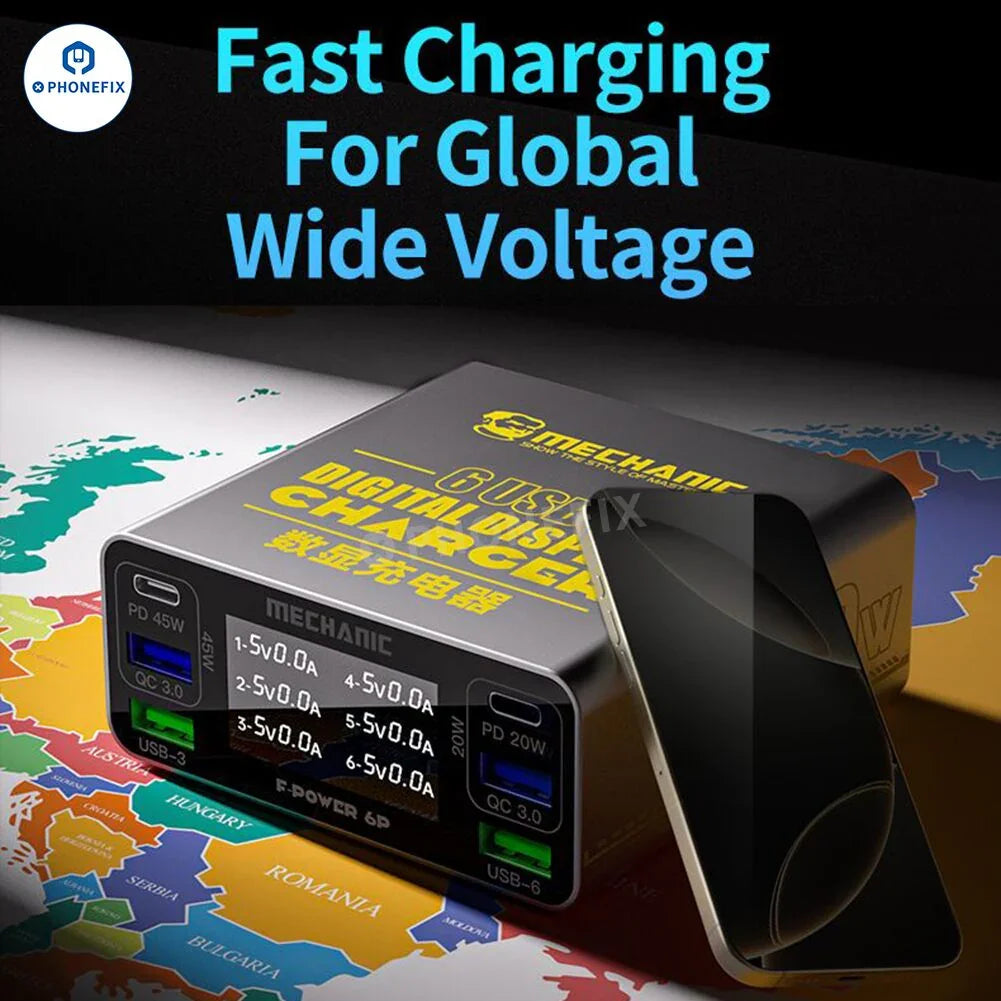 PhoneFix F-POWER 6 6S 6P fast charging station with multiple USB ports and US plug for quick device charging.