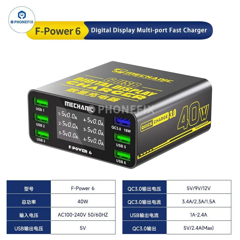 PHONEFIX MECHANIC F-POWER 6 6S 6P fast charging station with multiple USB ports and power cables for efficient device charging.