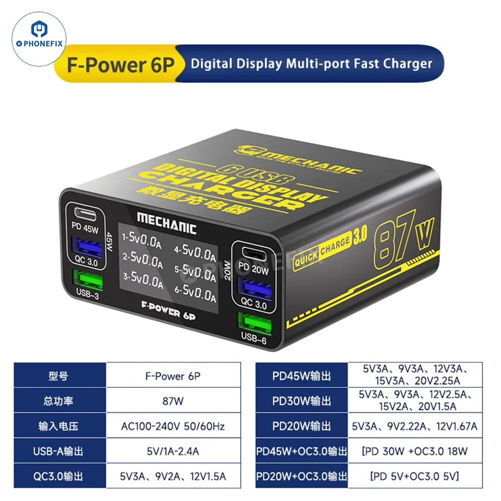 PhoneFix MECHANIC F-POWER 6 6S 6P fast charging station with multiple USB ports and US plug for quick device charging.