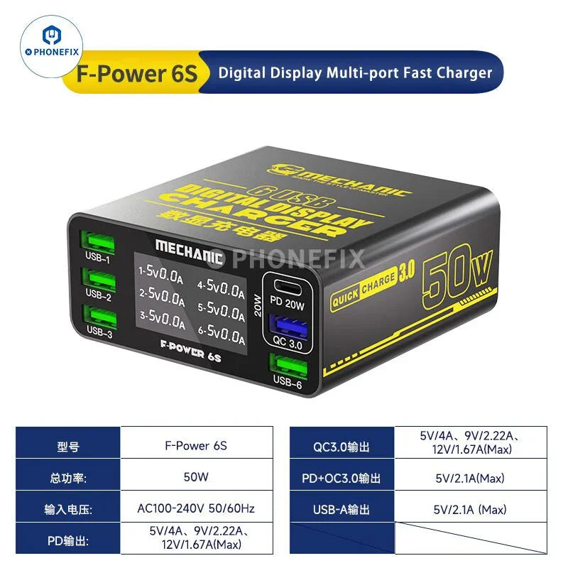 PhoneFix MECHANIC F-POWER 6 6S 6P multi-port fast charging station with power cables, US plug, and 40W power output.