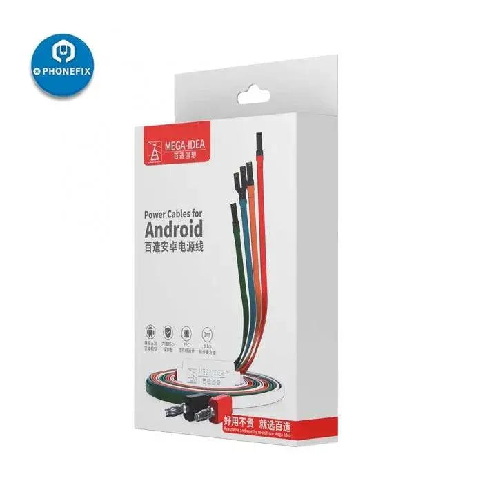 Câble d'alimentation CC Qianli Mega-idea pour la réparation de téléphones Android par PHONEFIX, présentant un câble d'alimentation noir avec connecteur pour la réparation d'appareils.