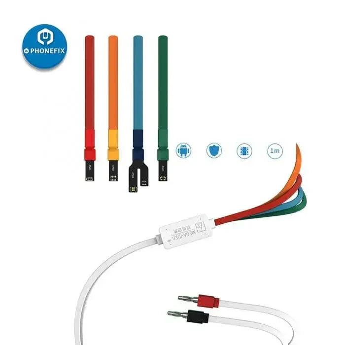 Câble d'alimentation CC Qianli Mega-idea pour la réparation de téléphones Android, marque PHONEFIX, montrant le câble et les connecteurs pour les travaux de réparation.