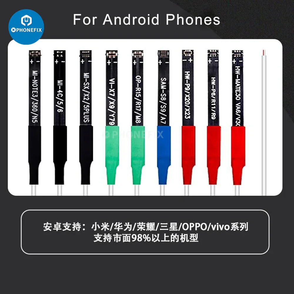 Qianli Mega-idea DC power supply cable for Android phones repair by PHONEFIX, showing a close-up of the cable and connector.