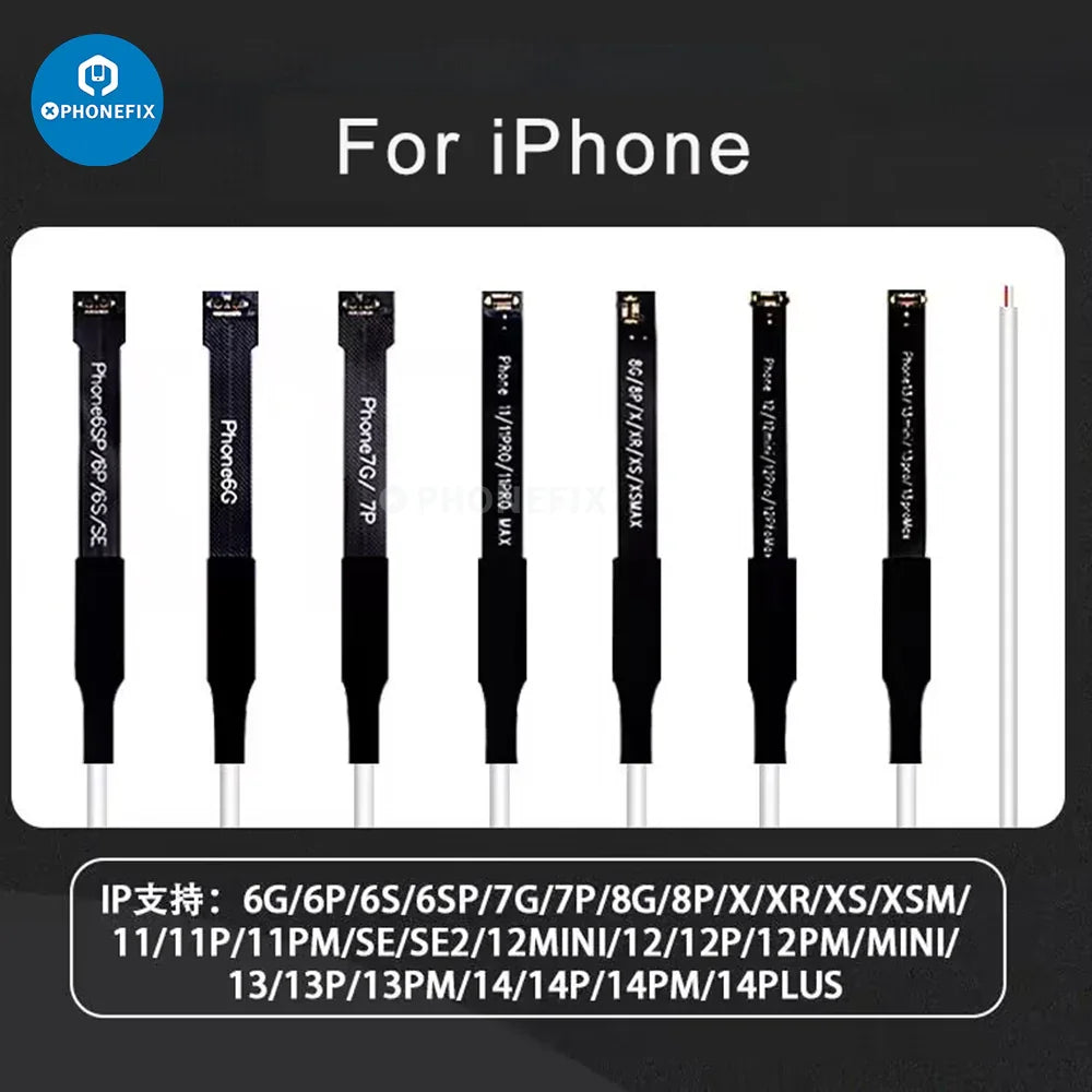 PHONEFIX Qianli Mega-idea Câble d'alimentation CC pour la réparation de téléphones Android, montrant le câble connecté à un appareil.