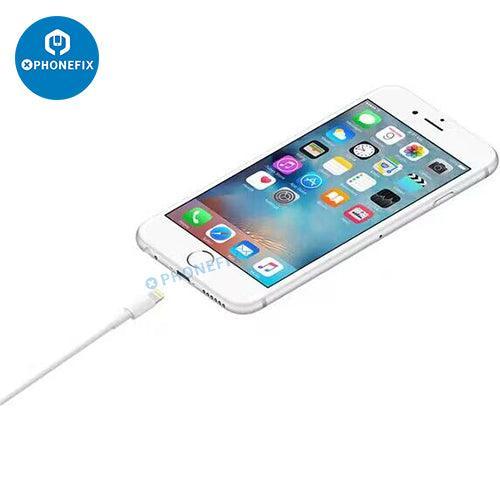 USB to Lightning fast charging cable for iPhone 6-14 Pro Max and iPad by PHONEFIX, showing the cable connected to Apple devices.
