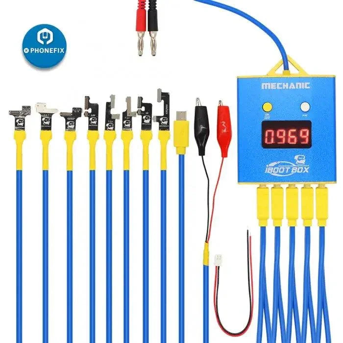 PHONEFIX mechanic iBoot box DC power supply cable for iPhone and Android phones, used for charging and data transfer.