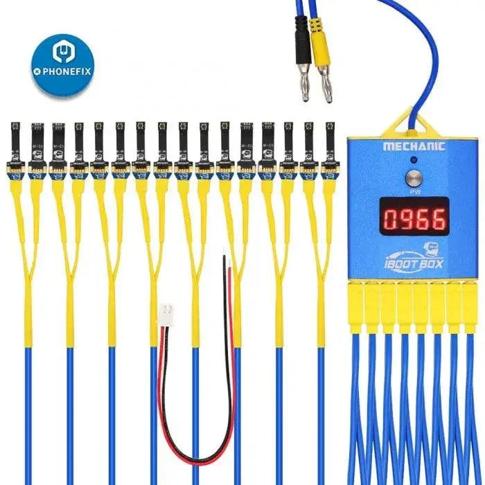 PHONEFIX Mechanic iBoot Box DC power supply cable for iPhone and Android phones, used for charging and device repair.