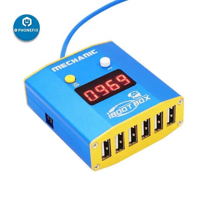 PHONEFIX mechanic iBoot Box DC power supply cable for iPhone and Android phones, used for charging and data transfer.