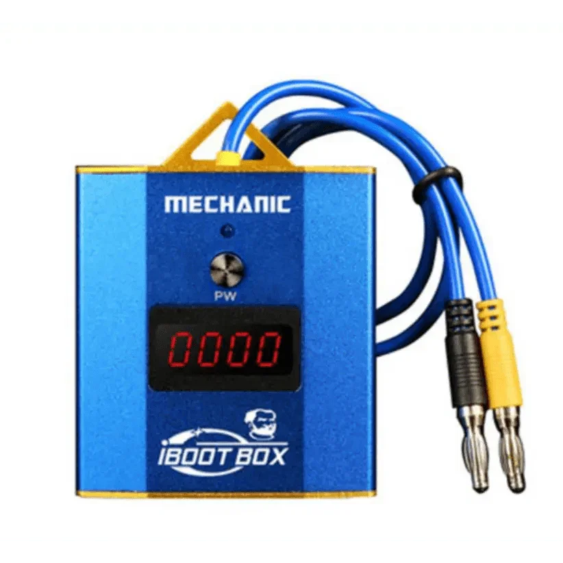 PhoneFix Mechanic iBoot Box DC Power Supply Cable for iPhone and Android phones, used for charging and data transfer.