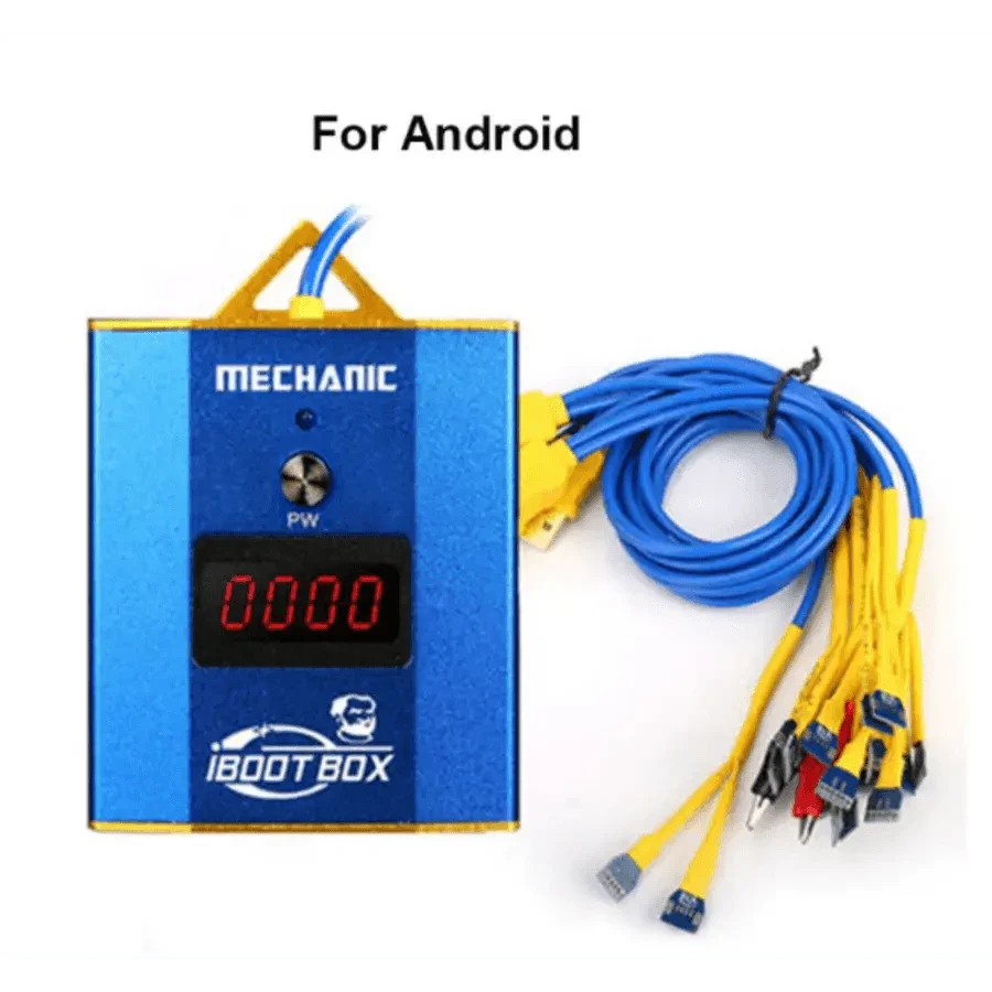 PHONEFIX Mechanic iBoot Box DC power supply cable for iPhone and Android phones, used for charging and data transfer.