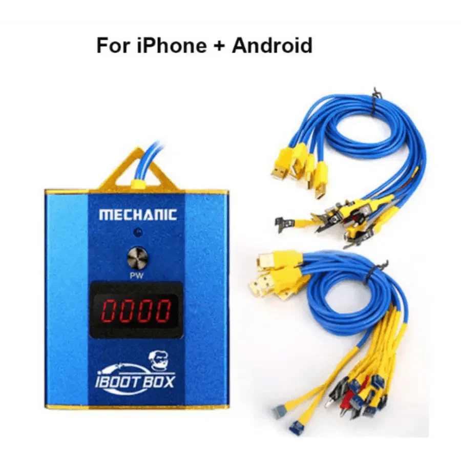 PHONEFIX Mechanic iBoot Box DC power supply cable for iPhone and Android phones, used for charging and data transfer.