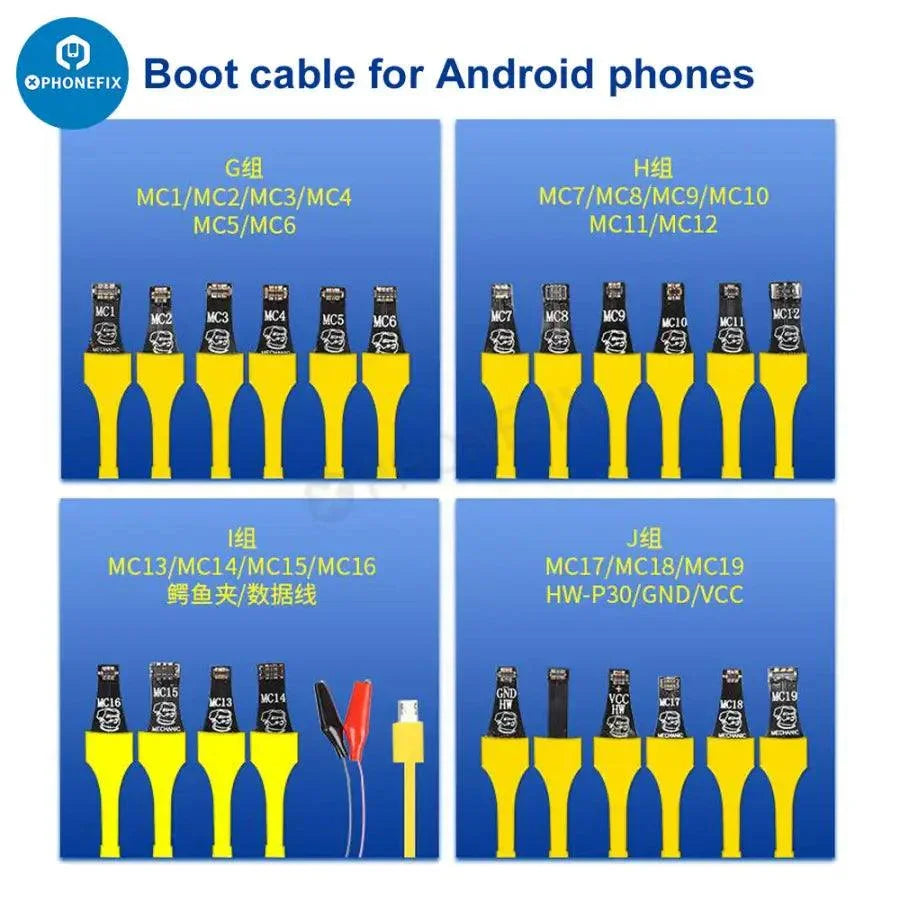 PHONEFIX mechanic iBoot Box DC power supply cable for iPhone and Android phones, used for charging and data transfer.
