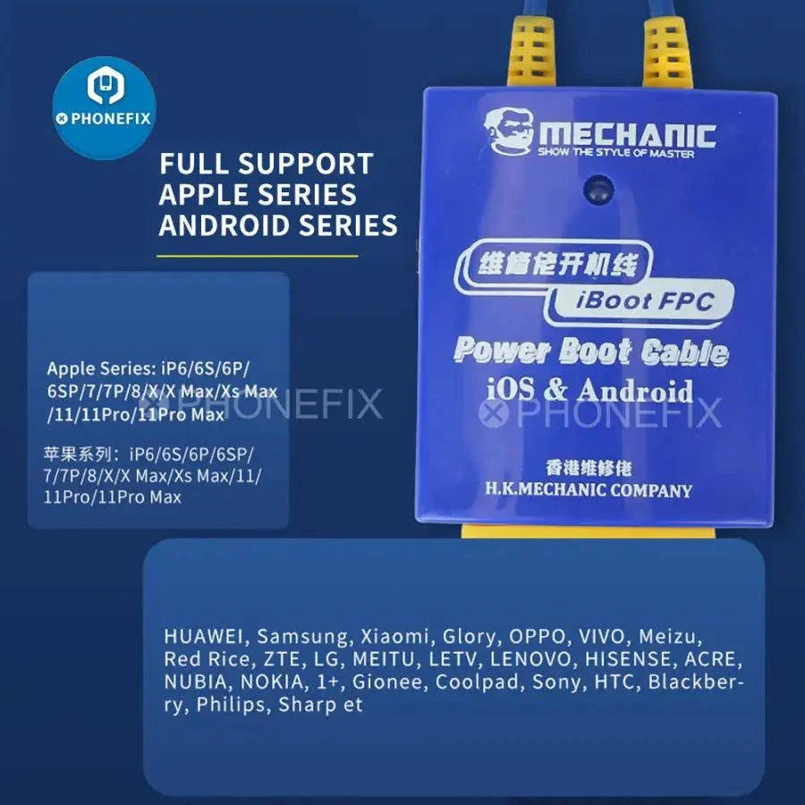 PHONEFIX Mechanic iBoot FPC Box DC Power Boot Line Cable for iOS and Android devices, shown connected to a mobile device.