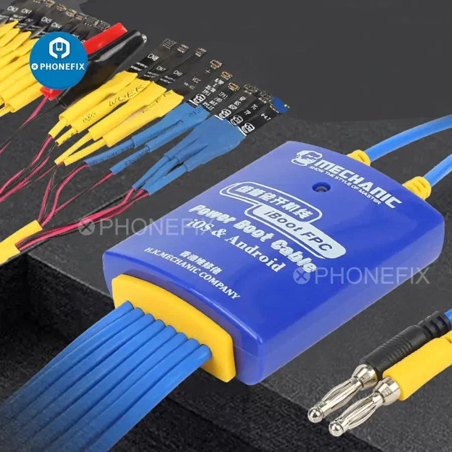 PHONEFIX Mechanic iBoot FPC Box DC Power Boot Line Cable for iOS and Android devices, shown with connectors and cable details.