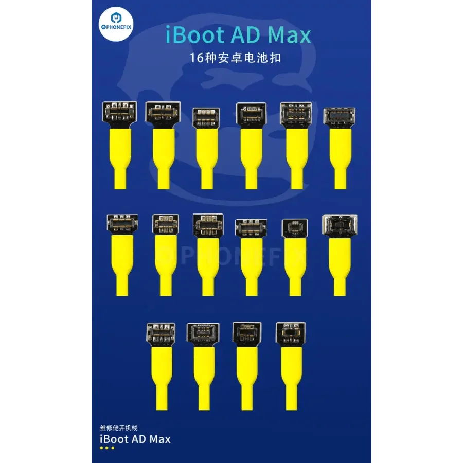 PHONEFIX mechanic iBoot FPC box DC power line cable for iOS and Android devices, shown connected to a mobile device.