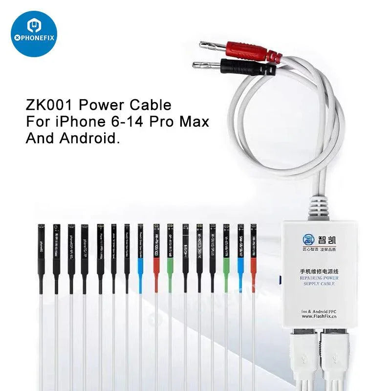 PhoneFix mechanic iBoot FPC box DC power line cable for iOS and Android devices, shown connecting to a smartphone.