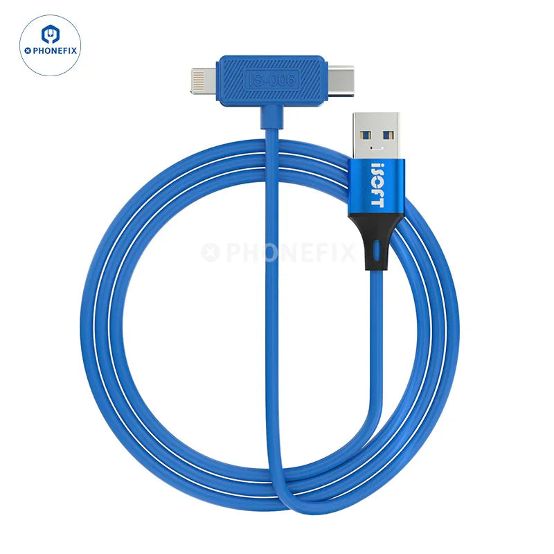ISOFT IS-006 Lightning USB-C dual head data cable for iPhone and iPad, featuring durable design and fast syncing capabilities.