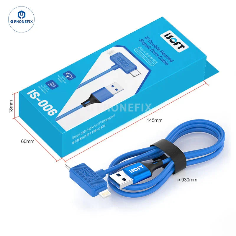 ISOFT IS-006 Lightning USB-C dual head data cable for iPhone and iPad, showing the cable with USB-C and Lightning connectors.