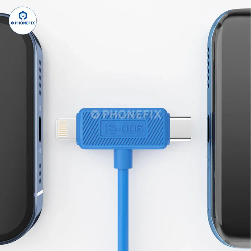 ISOFT IS-006 Lightning USB-C dual head data cable for iPhone and iPad, with visible USB-C and Lightning connectors.