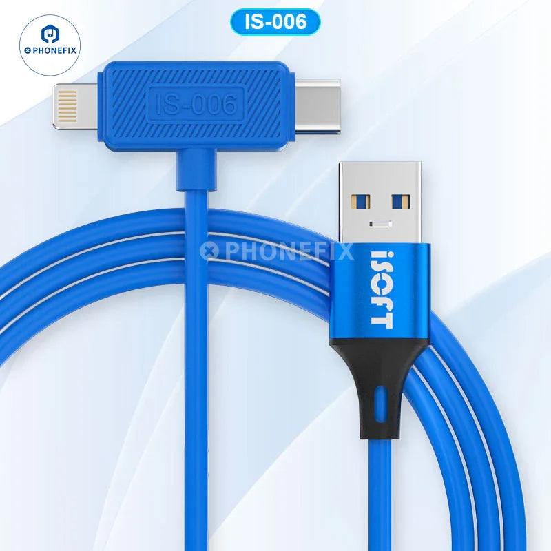 ISOFT IS-006 Lightning USB-C dual head data cable for iPhone and iPad, showing the cable with USB-C and Lightning connectors.